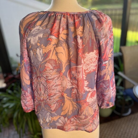 Vera Wang Princess Sheer Leaf Prints Tunic 3/4 Puff Sleeve Multicolor Size Small - Picture 3 of 6